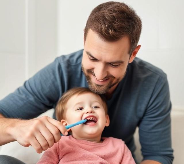 Soothing Solutions: Natural Remedies for Calming Infant Teething Pain 35 A father brushing his toddler's teeth